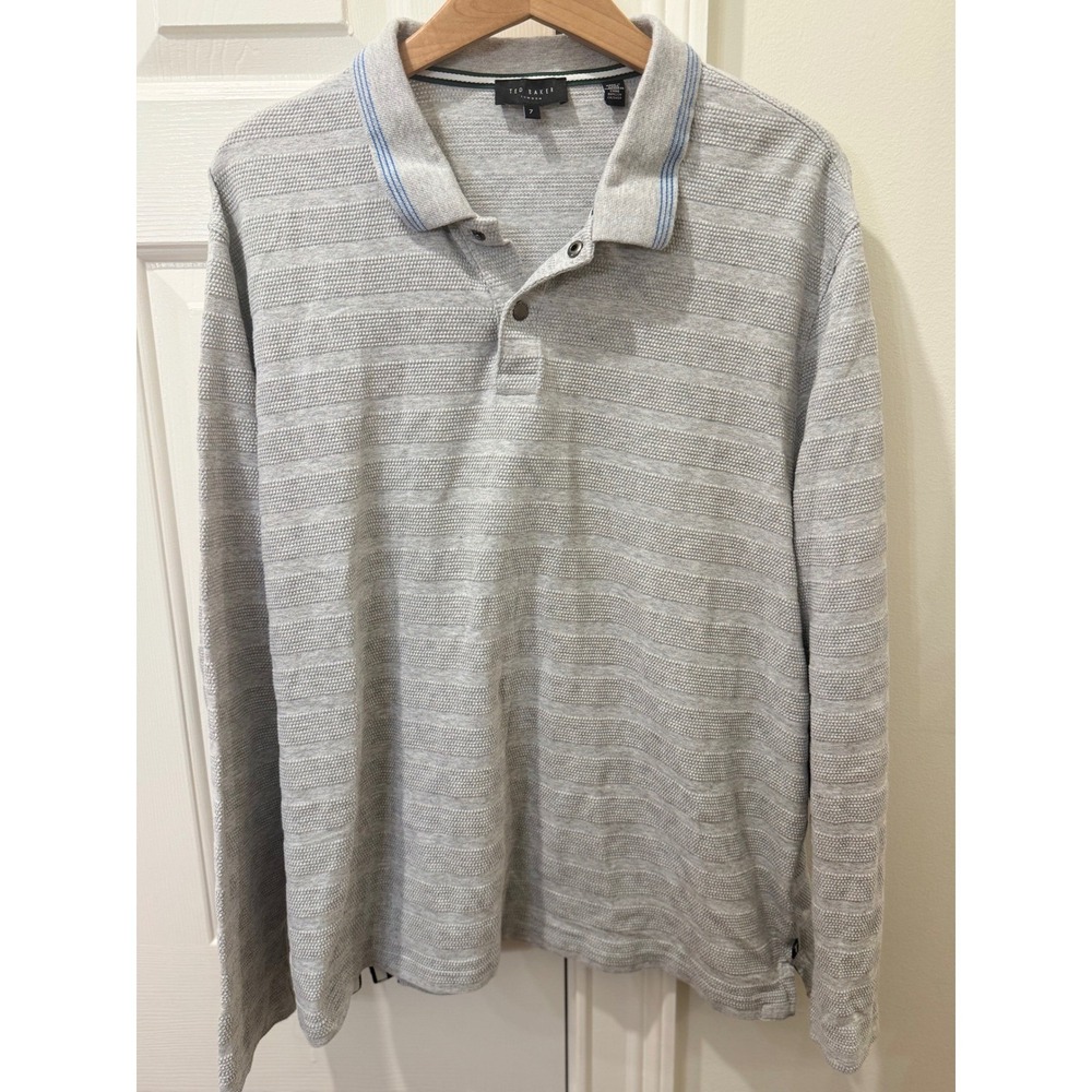 Ted Baker London Penine Mens Grey Textured Stripe Long Sleeve Polo Shirt Size 7